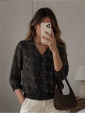 Jessica Boho Black Brown Abstract Print Ruffle V-Neck Blouse Small